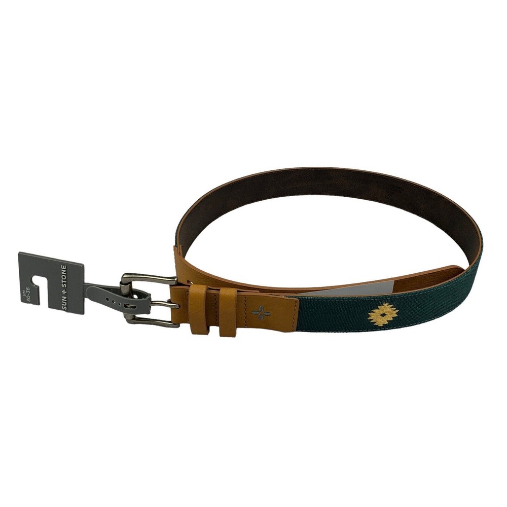 Sun + Stone Mens Faux Leather Printed Belt Green S/M 30-36